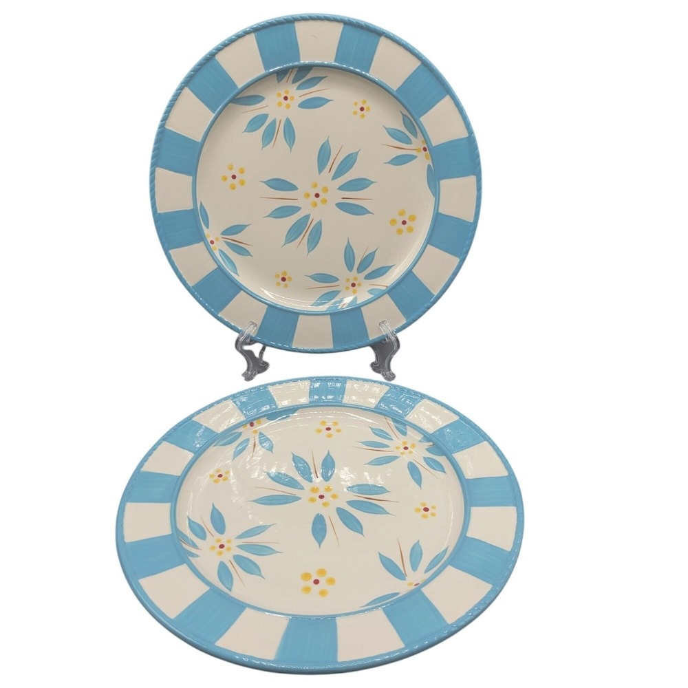 Temptations Old World Dinner Plates Set Of 2 Light Blue Yellow Floral 10.5"